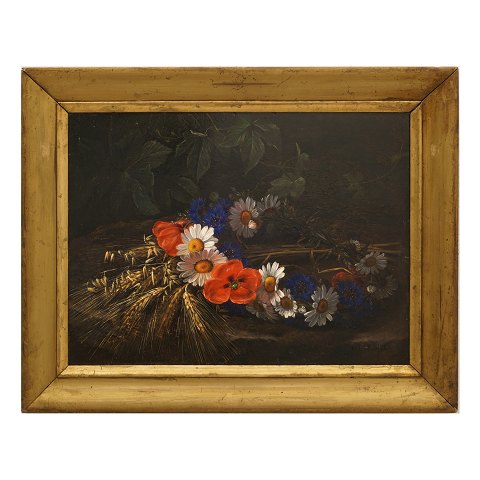 I. L. Jensen, 1800-56, Dänemark: Wilde Blumen, 
Hafer und Gerste, Öl auf Platte. Lichtmasse: 
28x37,5cm. Mit Rahmen: 38x47,5cm