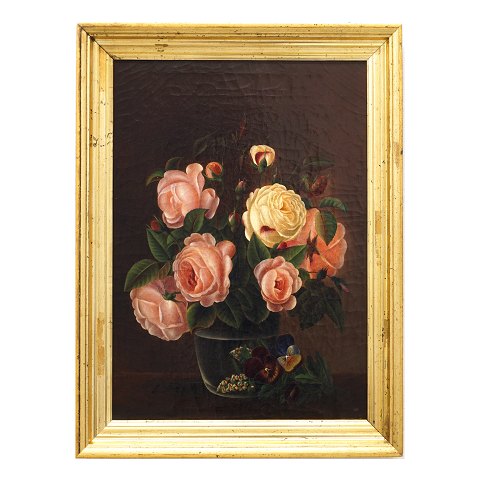 I L Jensens skole: Blomstermaleri med roser. Olie 
på lærred. Signeret "Li". Danmark ca. år 1830. 
Lysmål: 43x31cm. Med ramme: 51x39cm