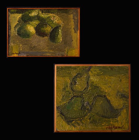 Poul Ekelund, 1921-76, olie på plade: To stilleben 
med frugter. Lysmål: Hhv. 18x26,5 & 25x29cm