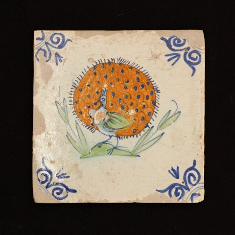 Dutch tile depicting a peacock. Holland circa 
1620. 13x13cm
