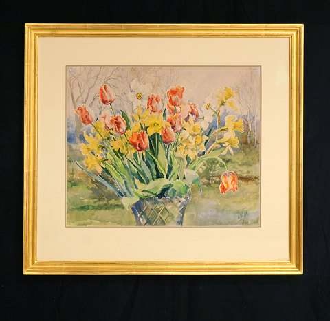 Storfyrstinde Olga Alexandrova af Rusland: 
Stilleben med blomster, akvarel. Signeret. Ca. år 
1930. Lysmål: 35x42cm. Med ramme: 54x61cm