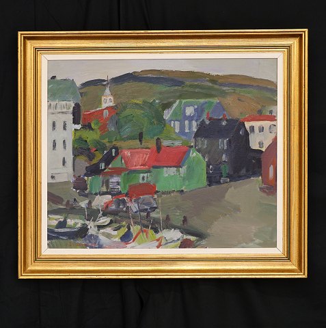 Ingálvur av Reyni, 1920-2005: Small Village, The 
Faroe Islands. Oil on canvas. Signed and dated 
1944. Visible size: 53,5x63,5cm. With frame: 
70x80cm