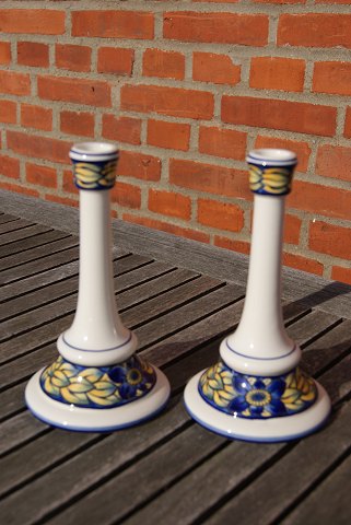 Blue Pheasant Danish faience porcelain, pair of tall candlesticks