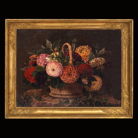 Unbekannter Künstler: Stilleben mit Blumen. Öl auf 
Leinen. Dänemark um 1840. Lichtmasse: 42x56cm. Mit 
Rahmen: 53x67cm