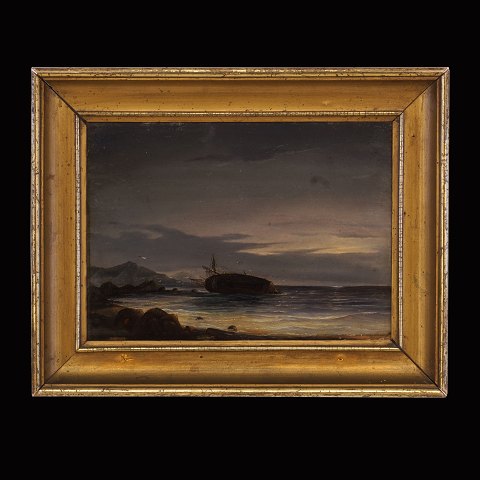 Anton Melbye, 1818-75, olie på plade: Parti med 
skibsvrag. Lysmål: 21x29cm. Med ramme: 31x39cm