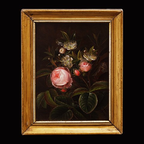 A small Danish stillife with roses. Oil on wood. 
Signed "EM" circa 1830. Visible size: 19x13,5cm. 
With frame: 23,5x18cm