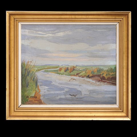 Johannes Larsen maleri. Johannes Larsen, 
1867-1961, olie på lærred. Fugl i ålandskab. 
Signeret og dateret 1920. Lysmål: 43x51cm. Med 
ramme: 58x66cm