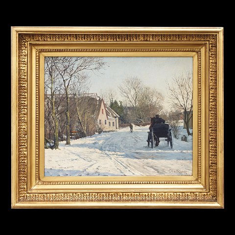 Ole Ring, 1902-72, Öl auf Leinen. Winterlandschaft 
mit Kutsche und Personen. Signiert.
Lichtmasse: 26x32cm. Mit Rahmen: 38x44cm