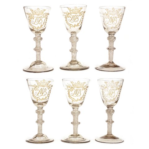 A set of six rare gilt "Chrystal Desert" glasses 
from Nøstetangen, Norway circa 1760. H: ca. 16,7cm