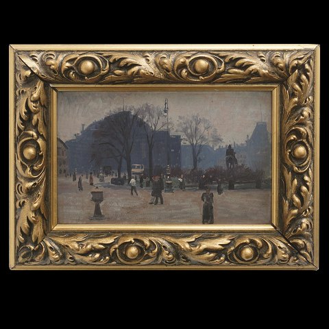 Frants Henningsen, 1850-1908, olie på plade. 
"Parti fra Kgs. Nytorv 1891". Lysmål:  13x21cm. 
Med ramme: 22x30cm