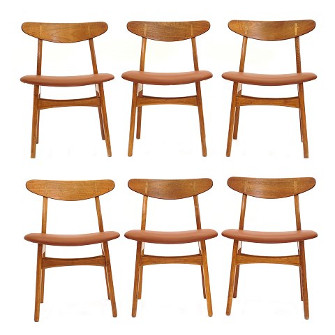 Set of 6 Hans J. Wegner, Denmark, CH 30 chairs. 
Teak and oak