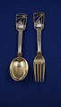 Michelsen set of Christmas spoon and fork 1938 of Danish partial gilt silver