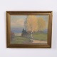 Osted Antik & Design präsentiert: Landschaftsgemälde auf Leinwand mit Birken im Goldrahmen 40,5 x 50 cm