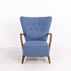 Osted Antik & Design präsentiert: Vintage Hochlehner Sessel aus Holz mit Blauem Stoff 1940er Jahre