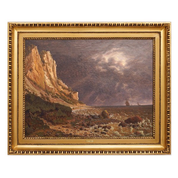 Jens Peter Møller, 1783-1854, guldalderparti fra Møns Klint med personer og 
skibe. Olie på lærred. Signeret og dateret 1820. Lysmål: 45x58cm. Med ramme: 
58x73cm