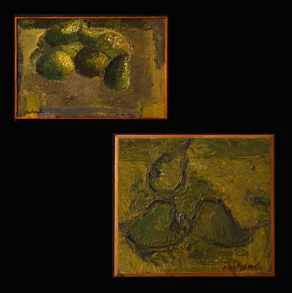 Poul Ekelund, 1921-76, olie på plade: To stilleben med frugter. Lysmål: Hhv. 
18x26,5 & 25x29cm