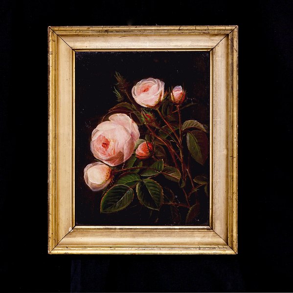 I. L. Jensens skole: Blomsterbillede med lyserøde roser, olie på lærred. Danmark 
ca. år 1830. Lysmål: 26,5x20cm. Med ramme: 34,5x28cm