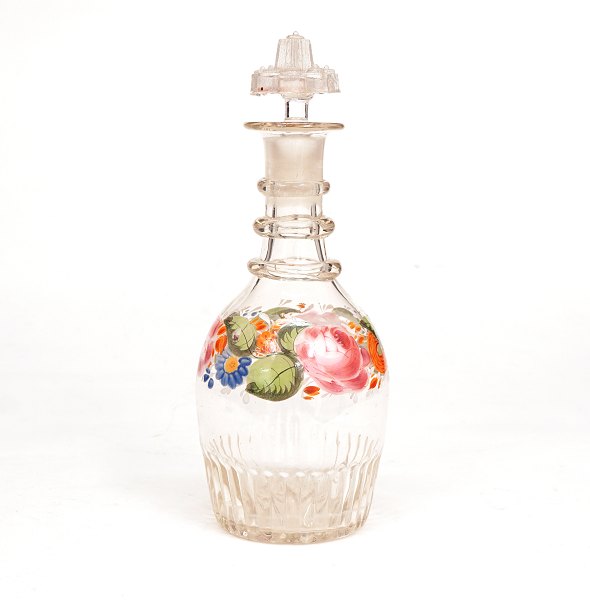 Enamel decorated glass carafe. Circa 1860. H: 25cm