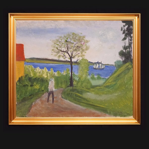 Jens Søndergaard, 1895-1957: "Die Förde bei ......", Öl auf Leinen. Signiert und 
datiert 1952. Lichtmasse: 66x79cm. Mit Rahmen: 77x90cm