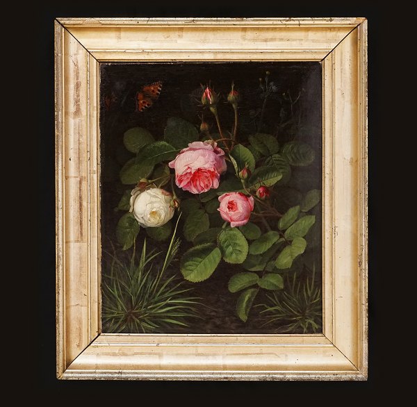 Otto Diedrich Ottesen, Denmark, 1816-92: Stilleben with roses and butterfly. Oil 
on canvas. Visible size: 37x31cm. With frame: 49x43cm