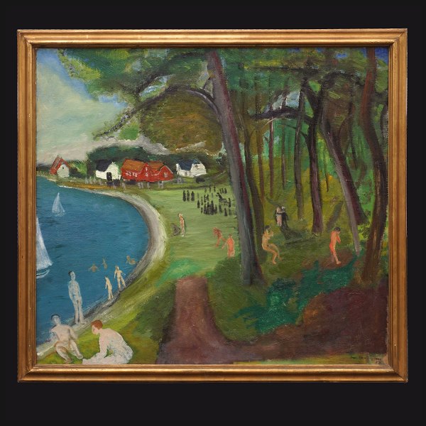 Jens Søndergaard, 1895-1957, "Sonntag". Öl auf Leinen. Signiert und datiert 
1938. Lichtmasse: 100x108cm. Mit Rahmen: 110x118cm