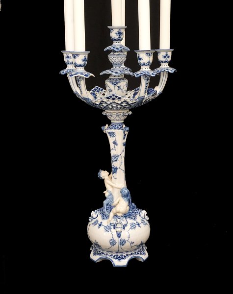 A large Royal Copenhagen blue fluted full lace candelabra. #1006. H: 55cm