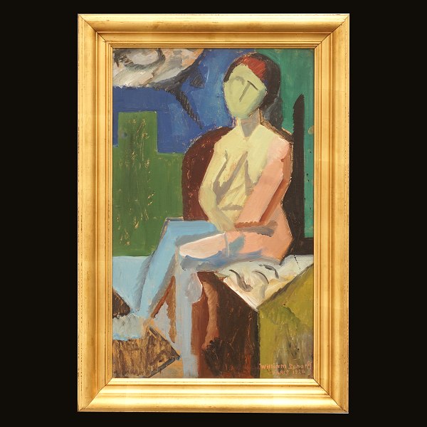 William Scharff, 1886-1959, Öl auf Pappe montiert uaf Leinen: Frauenportrait. 
Signiert und datiert Paris 1920. Lichtmase: 62x38cm. Mit Rahmen: 75x51cm