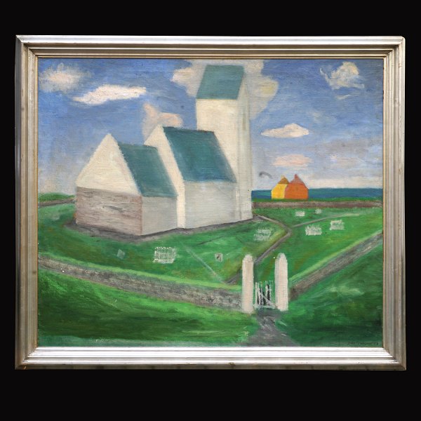 Jens Søndergaard, 1895-1957, olie på lærred. Motiv i form af Ferring Kirke i 
baggrunden huse og vand. Signeret og dateret 1943. Lysmål: 126x137cm. Med ramme: 
133x154cm