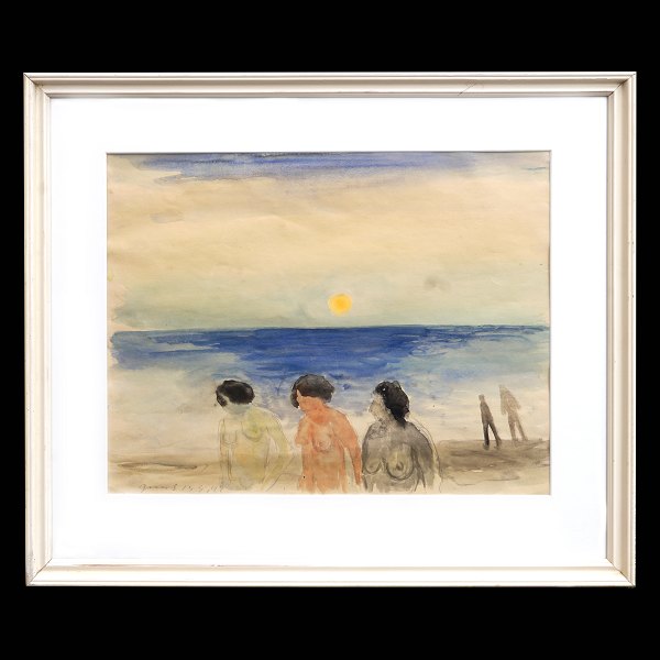 Jens Søndergaard, 1895-1957, Aquarell. Frauen am Strand. Signiert und datiert 
1947. Lichtmasse: 37x48cm. Mit Rahmen: 57x68cm