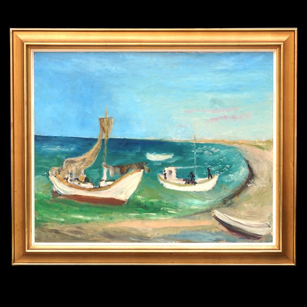 Jens Søndergaard, 1895-1957, oil on canvas. The beach at Vorupør. Signed circa 
1950. Visible size: 80x99cm. With frame: 100x119cm