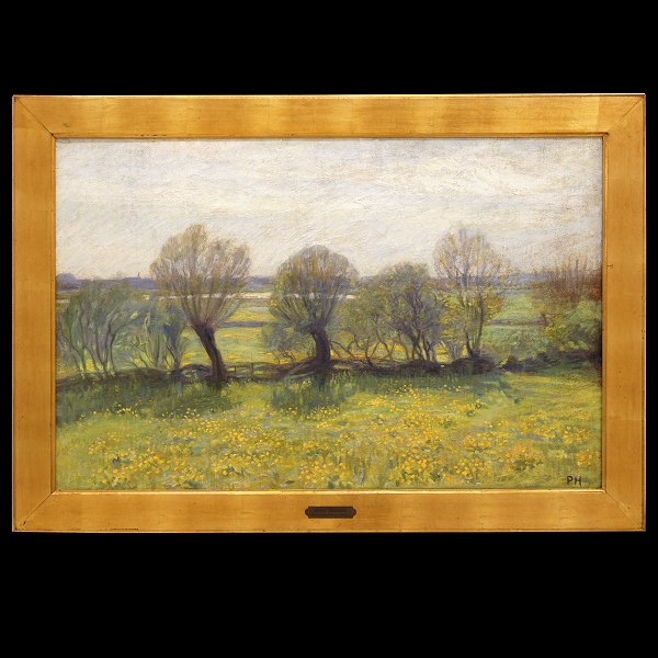 Peter Hansen maleri. Peter Marius Hansen, 1868-1928, olie på lærred. 
"Foraarslandskab med Pilehegn". Signeret. Lysmål: 62x96cm. Med ramme: 77x111cm