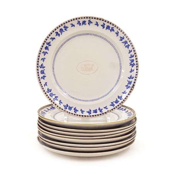 A set of ten Danish East Indian monogrammed porcelain plates. D: 25cm