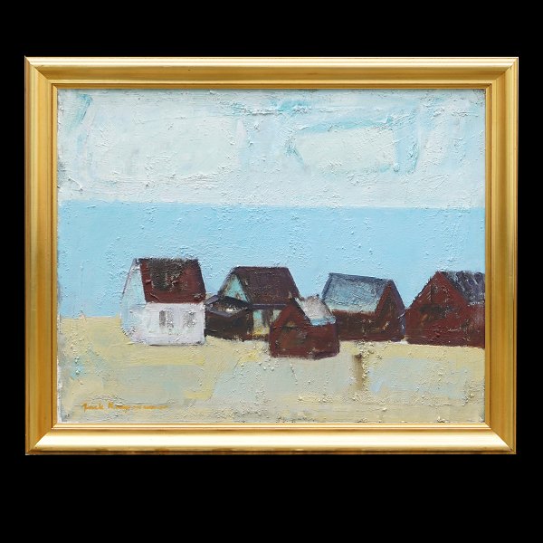 Jack Kampmann maleri Færøerne. Jack Kampmann, 1914-89, olie på lærred. Motiv fra 
bygd på Færøerne. Signeret. Lysmål: 64x80cm. Med ramme: 76x92cm