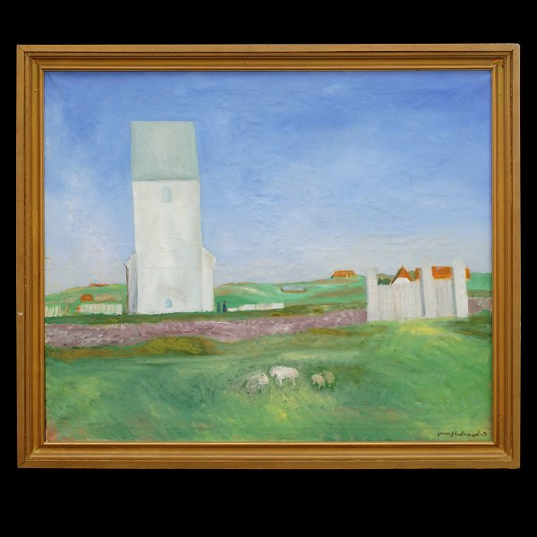 Jens Søndergaard, 1895-1957, oil on canvas. The church at Ferring. Signed and 
dated 1948. Visible size: 109x129cm. with frame: 124x144cm