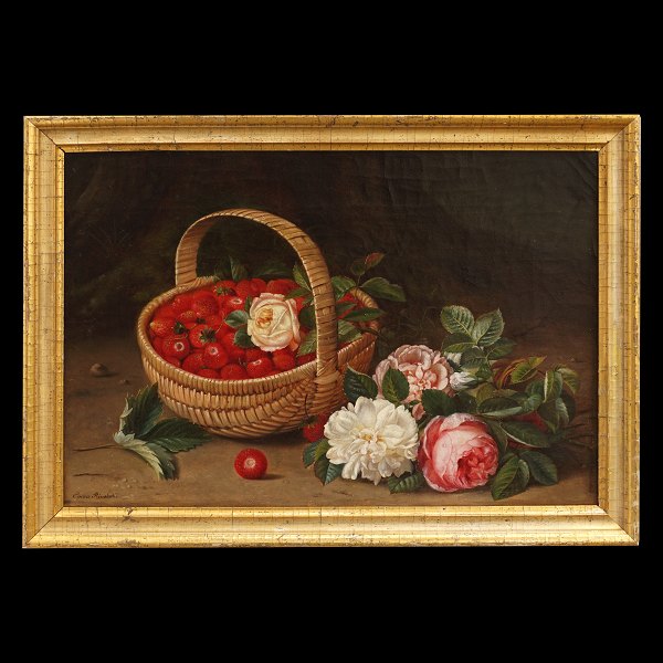 Stilleben mit Blumen und Erdbeeren in einem Korb. Öl auf Leinen. Signiert Emma 
Rønsholdt später Emma Mulvad, 1838-1903. Lichtmasse: 29x42cm. Mit Rahmen: 
35x48cm