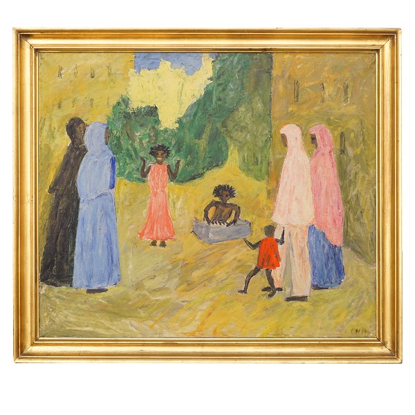 Olivia Holm-Møller, 1875-1970, oil on canvas. Landscape with children and women. 
Signed. Visible size: 67x78cm. With frame: 79x90cm