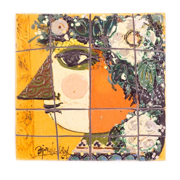 Bjørn Wiinblad, Denmark, 1918-2006, Tableau of polychrome tiles. Signed 
"Wiinblad 63". Size: 39x39cm