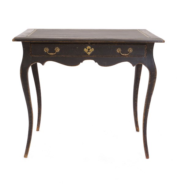 Black Rococo writing table with inset leather top. Sweden circa 1760. H: 74cm. 
Top: 85x60cm