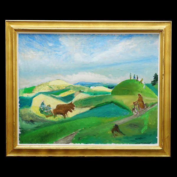 Jens Søndergaard, 1895-1957, Öl auf Leinen. Landschaft mit Menschen, Tieren und 
einem Haus. Signiert. Lichtmasse: 80x100cm. Mit Rahmen: 100x120cm