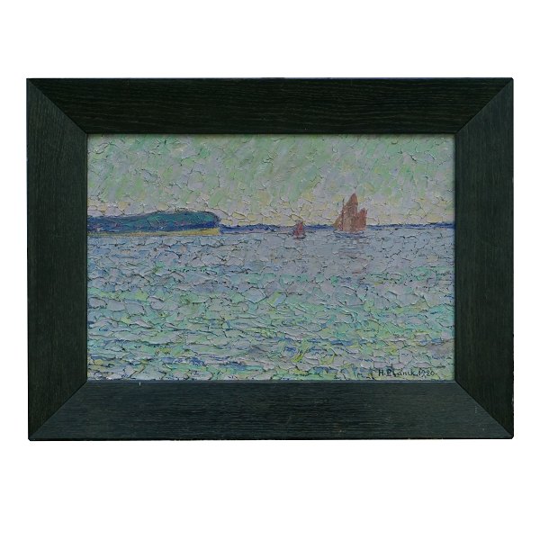 Heinrich Blunck, 1891-1963, Öl auf Platte. Signiert og datiert 1920. "Abend auf 
der Förde". "Blick auf den Wald von Schelde. Die Düppelhöhe und das Alsener 
Ufer".
Lichtmasse: 25x36cm. Mit Rahmen: 37x48cm