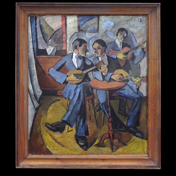 Victor Isbrand, 1897-1988, Öl auf Platte. Kubistische Komposition, "Das Trio 
stimmt ihre Instrumente". Signiert und datiert 1918. Mehrmals ausgestellt und in 
der Literatur abgebildet. Lichtmasse: 105x88cm. Mit Rahmen: 121x106cm