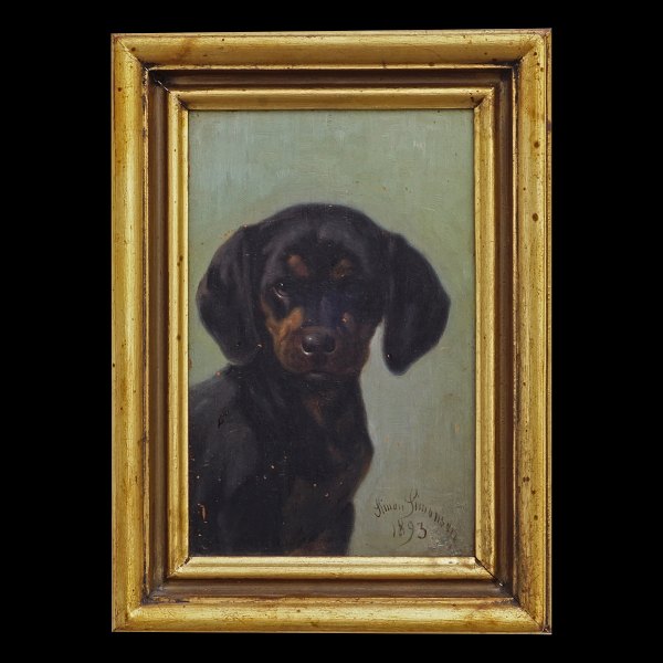 Simon Simonsen, 1841-1928, oil on plate. Dachshund. Signed and dated 1893. 
Visible size: 17,5x11cm. With frame: 23,5x17cm