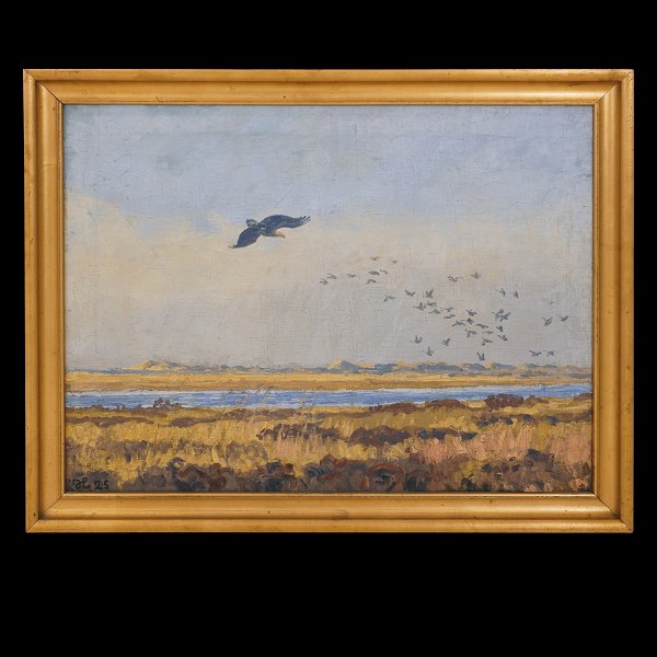 Johannes Larsen, Denmark, 1867-1961, oil on canvas. Hunting eagle Signed and 
dated Johannes Larsen 1925. Visible size: 59x78cm. With frame: 69x88cm