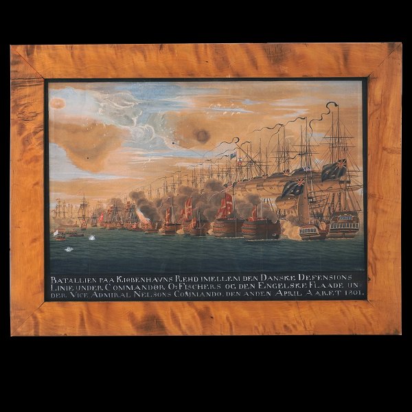 Watercolor showing the sea battle at Copenhagen 2nd April 1801. Visible size: 
42x61cm. With frame: 55x74cm