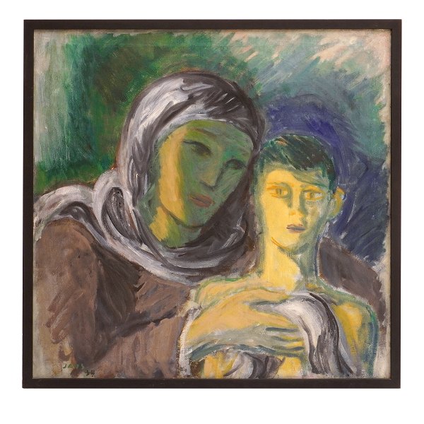 Jais Nielsen, 1885-1961, Öl auf Leinen. Motiv mit Personen. Signiert und datiert 
1934. Lichtmasse: 79x79cm. Mit Rahmen: 84x84cm