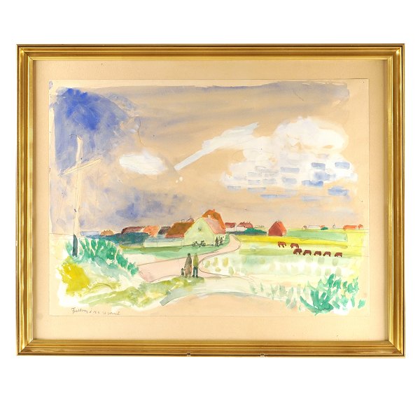 Jens Søndergaard, 1895-1957, Wasserfarbe. Die Landschaft bei Fjaltring signiert und datiert 18.8.46. Lichtmasse: 41x55cm. Mit Rahmen: 54x66cm