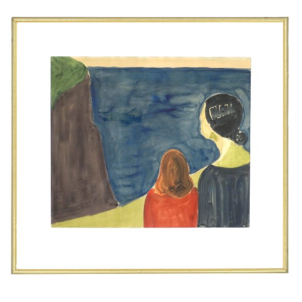 Samuel Joensen-Mikines, 1906-79, Wasserfarbe. Mutter mit Tochter, Insel Hestur, signiert und datiert 1940. Lichtmasse: 43x50cm. Mit Rahmen: 65x69cm