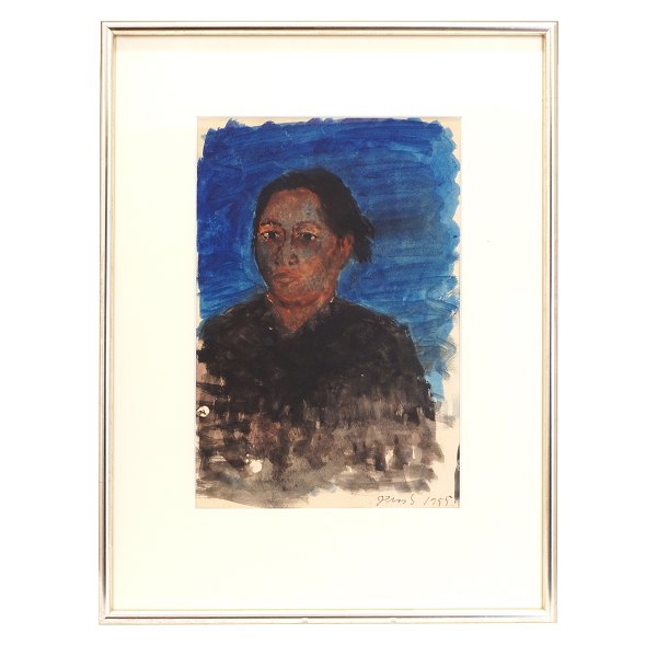 Jens Søndergaard, 1895-1957, Porträt einer Frau. Signiert und datiert 1955. Lichtmasse: 45x30cm. Mit Rahmen: 69x52cm
